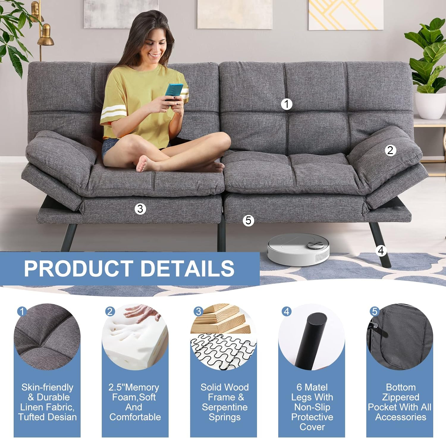 High Quality Living Room Sofa Bed Couch Memory Foam Futon Convertible Couch Bed - Image 4
